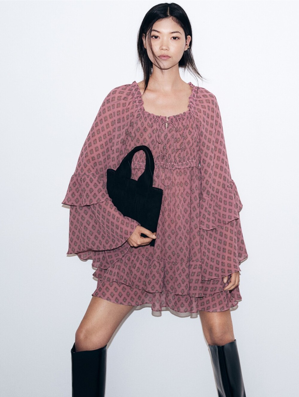 H&M Rose Mauve Ruffle Tiered Mini Dress